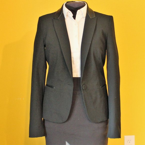 Zara Basics Black Blazer W/Faux Leather Trim Sz Sm - Picture 1 of 7